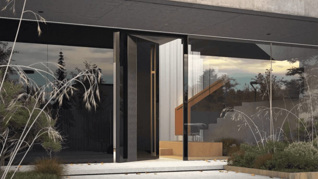 Pivot Tür als zentrales Designelement auf der Hauseingangsseite - moderne Architektur trifft Funktionalität