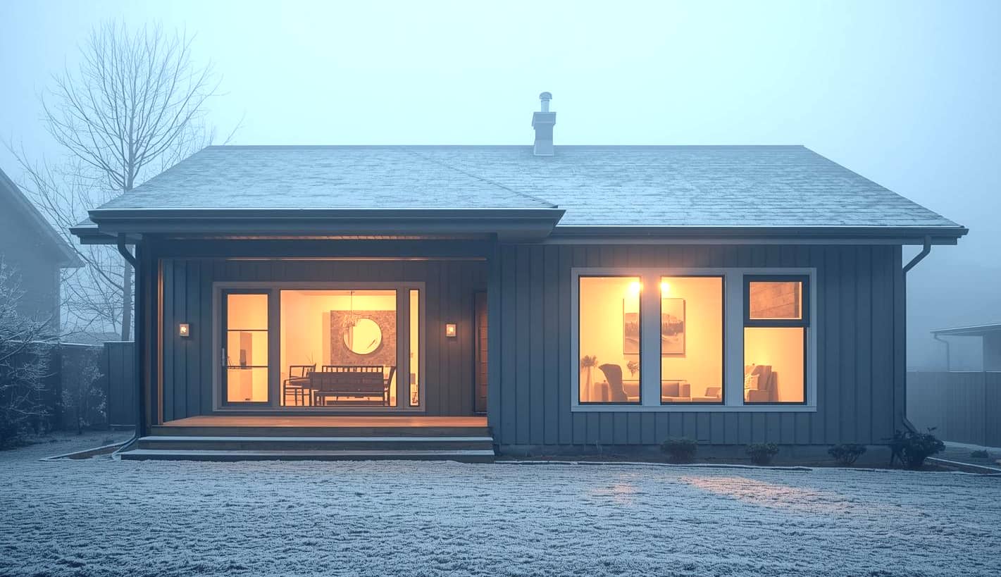 Ein kleines Einfamilien-Haus steht auf einem leicht beschneiten Grundstück. Dabei verliert das Haus durch moderne Fenster keine Wärme. Draußen bleibt der Schnee liegen, die Wärme dagegen drinnen. 